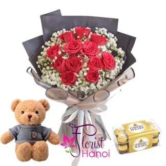 Combo of red roses, chocolate, and teddy bear for romantic gift delivery in Hanoi