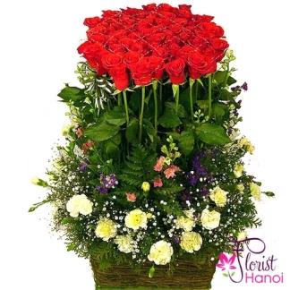 Luxury red rose basket with seasonal flowers in Hanoi