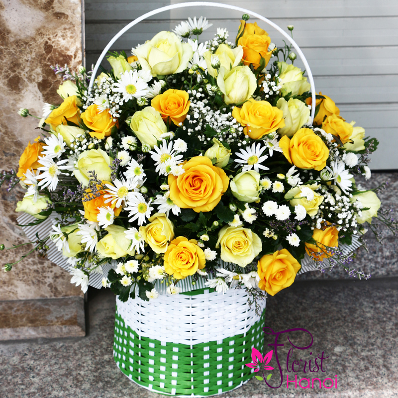 Yellow rose basket arrangement Hanoi