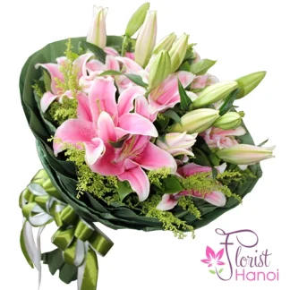 Pink lily birthday bouquet delivery in Hanoi