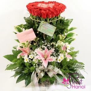 Basket of red rose and lilies