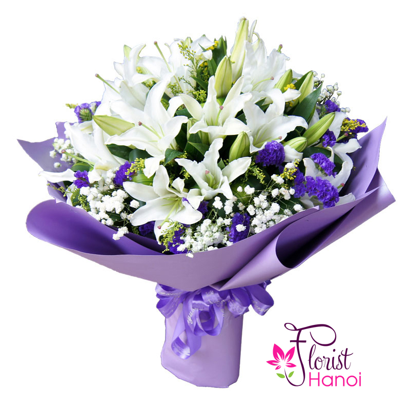 Beautiful white lily and baby breath bouquet