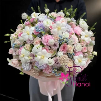 best birthday flowers Hanoi with pastel roses and white tulips