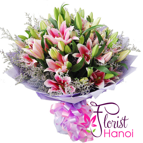 Online best pink lily flower bouquet Hanoi