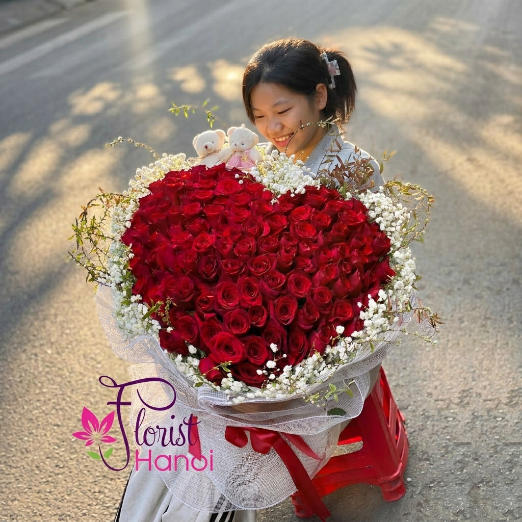Romantic flower bouquet given to a woman as a surprise