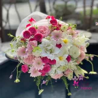 Birthday flower bouquet with white lilies and pink roses in Hanoi
