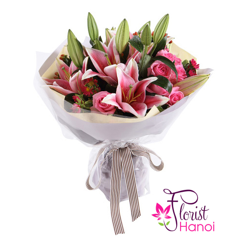 Bouquet of pink lilies online delivery same day Hanoi