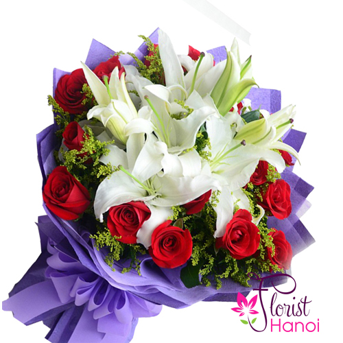 Online bouquet of white lilies and red roses in Vietnam