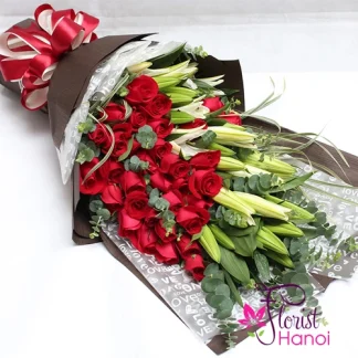 Long White Lily and Red Rose Bouquet in Hanoi