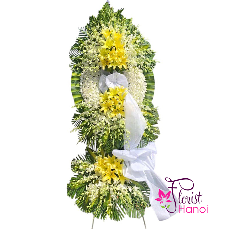 Yellow and white funeral flower arrangement Hanoi