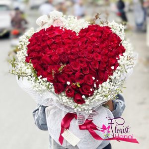 Heart shaped red rose bouquet with teddy Hanoi