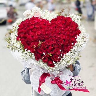 heart shaped red rose bouquet with teddy Hanoi same day delivery