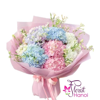 Pastel hydrangea bouquet in pink blue and white tones in Hanoi