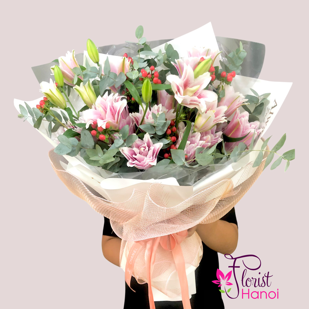 Pink lily flower bouquet delivery Long Bien Hanoi