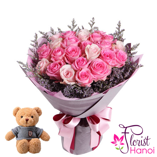 Combo of pink rose and teddy bear
