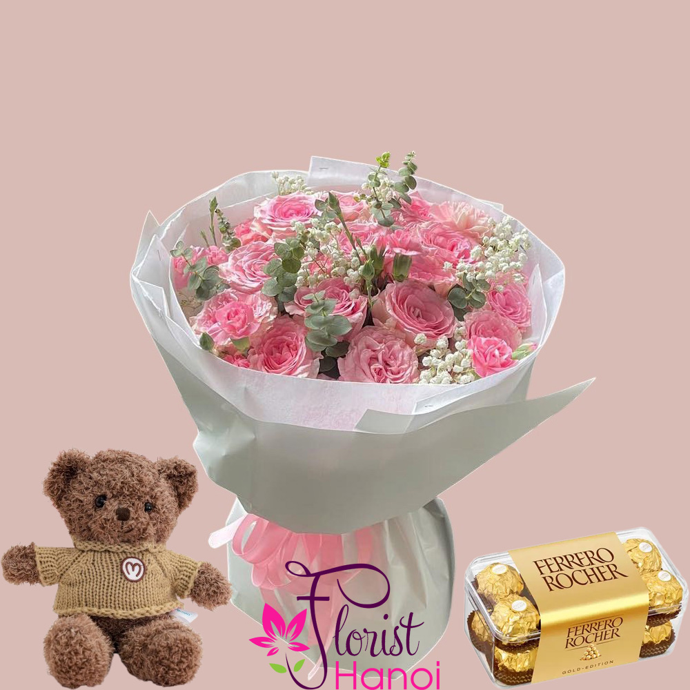 Combo of pink rose chocolate and teddy bear