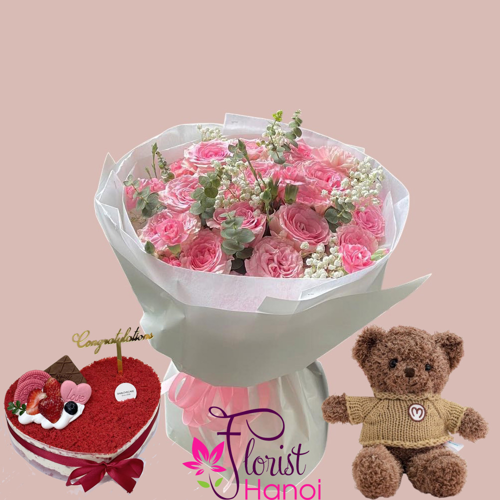 Pink rose teddy bear and birthday cake combo in Hanoi