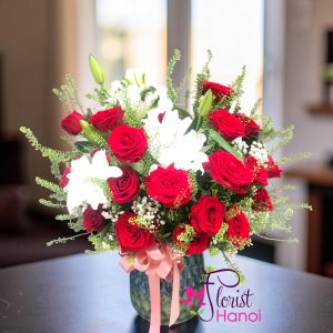 Red rose and white lily arrangement Hanoi