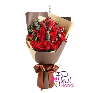 Red rose eucalyptus bouquet in Hanoi