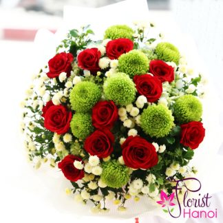 red rose green flower bouquet Hanoi same day delivery