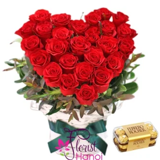 Heart-shaped red roses with Ferrero Rocher chocolate
