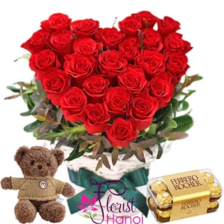 red rose heart bouquet with teddy bear and Ferrero Rocher chocolate Hanoi