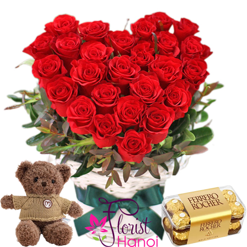 Combo of rose heart chocolate and teddy bear
