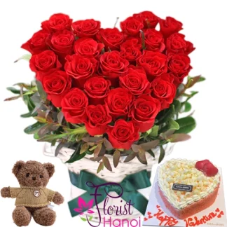 red rose heart bouquet with teddy bear and birthday cake Hanoi