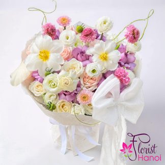 Sweet Moments Bouquet with pastel pink and white flowers in Hanoi