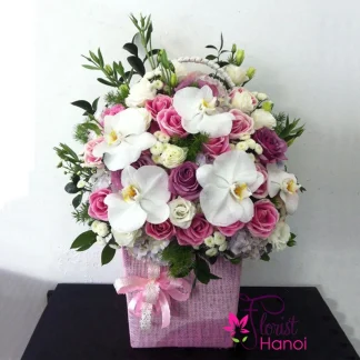 Thank you flower basket with pink roses, white orchids, and hydrangeas