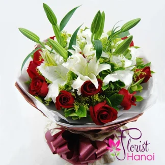Red roses and white lilies bouquet in Hanoi
