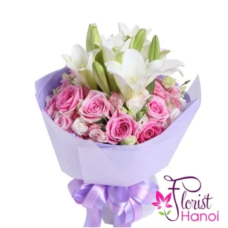 White lily and pink roses bouquet in Hanoi