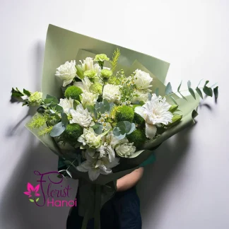 White lily and rose birthday bouquet in Hanoi