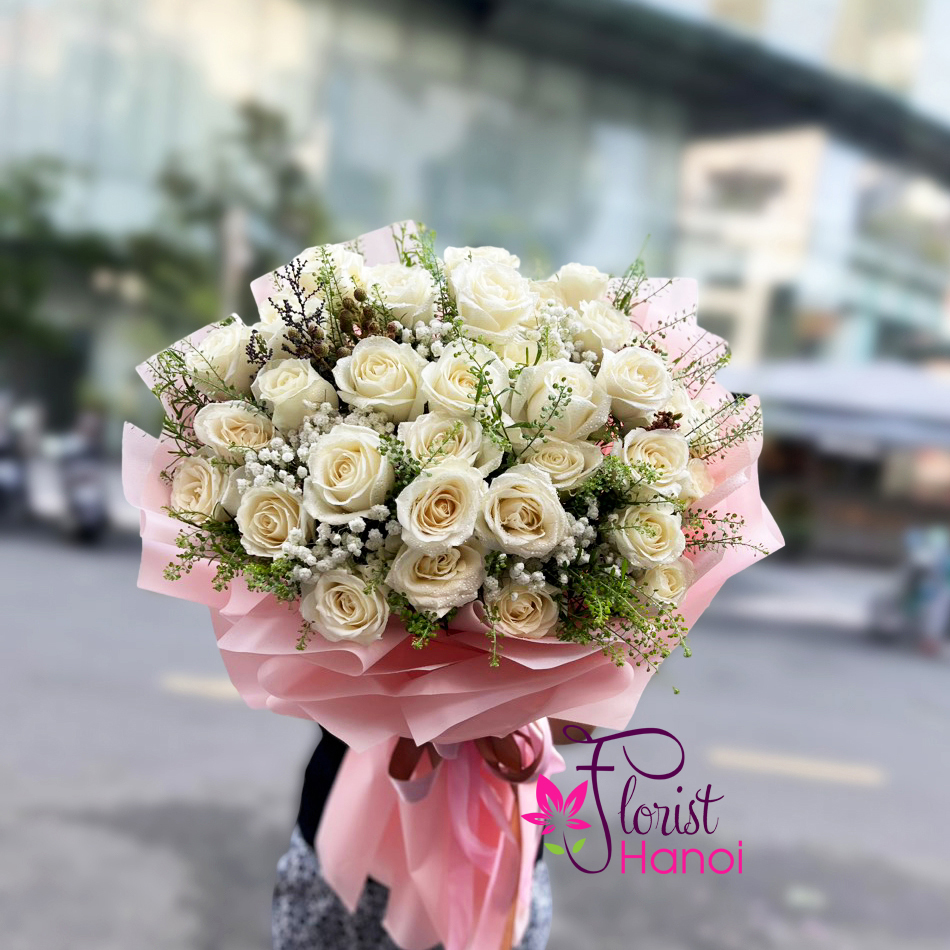 White rose flower bouquet delivery Hanoi