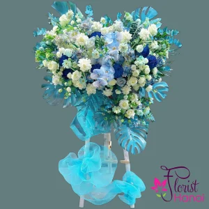 Blue congratulatory flower stand in Hanoi