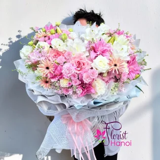 Heart shaped mixed flower bouquet in pink and white from Florist Hanoi
